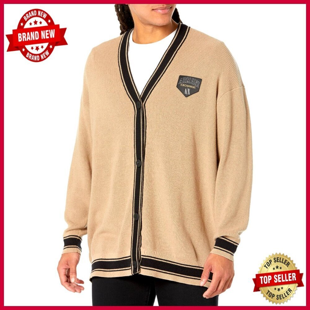 Oversized Knit Cardigan with Collegiate Logo, Button Down, Cotton Blend